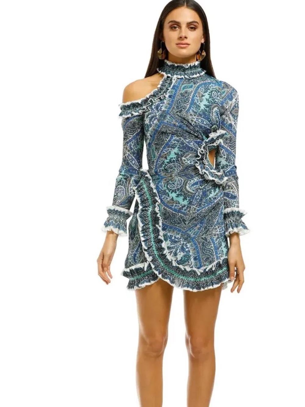 Zimmerman Blue Paisley Cold-Shoulder Ruffle Mini Dress - Picture 8 of 17